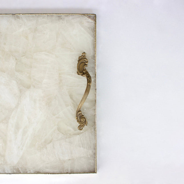 White Agate Serving Tray With Brass Handles | Square