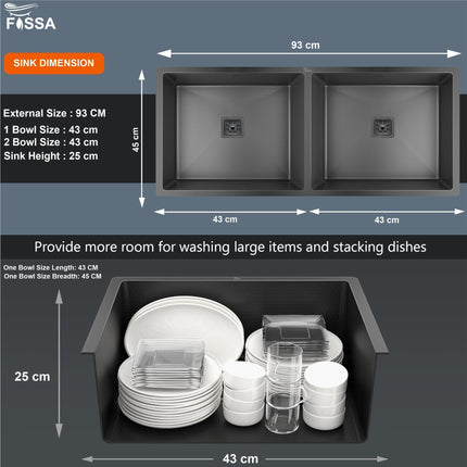Fossa 37"x18"x10" Inch Double Bowl 304 Grade Honeycomb Embossed Kitchen Sink with Nano Coating (Black )