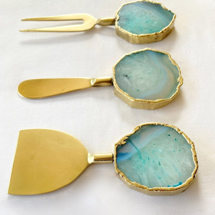 Set of 3 Aqua Agate Cheese Knives/Spreaders