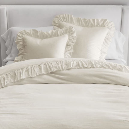 Ivory - 100% Pure Linen | Linen Cotton Mix | 3 Piece Ruffle Duvet Cover Set | Handmade | Pre-washed | Soft