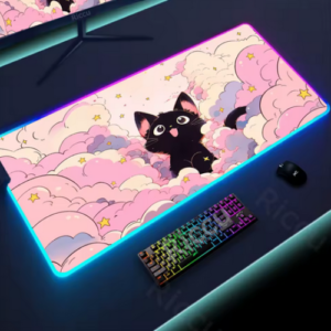 RGB Mousepad Pink Cloud Cat Cartoon Deskmat LED Backlight Gaming Keyboard Rug Computer Office Accessories Kawaii Anime Mouse Pad
