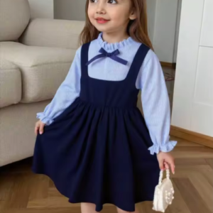 Girls Navy Blue Pinafore Dress with Striped Long Sleeve Top and Bow Collar, Casual A-Line for Spring Autumn